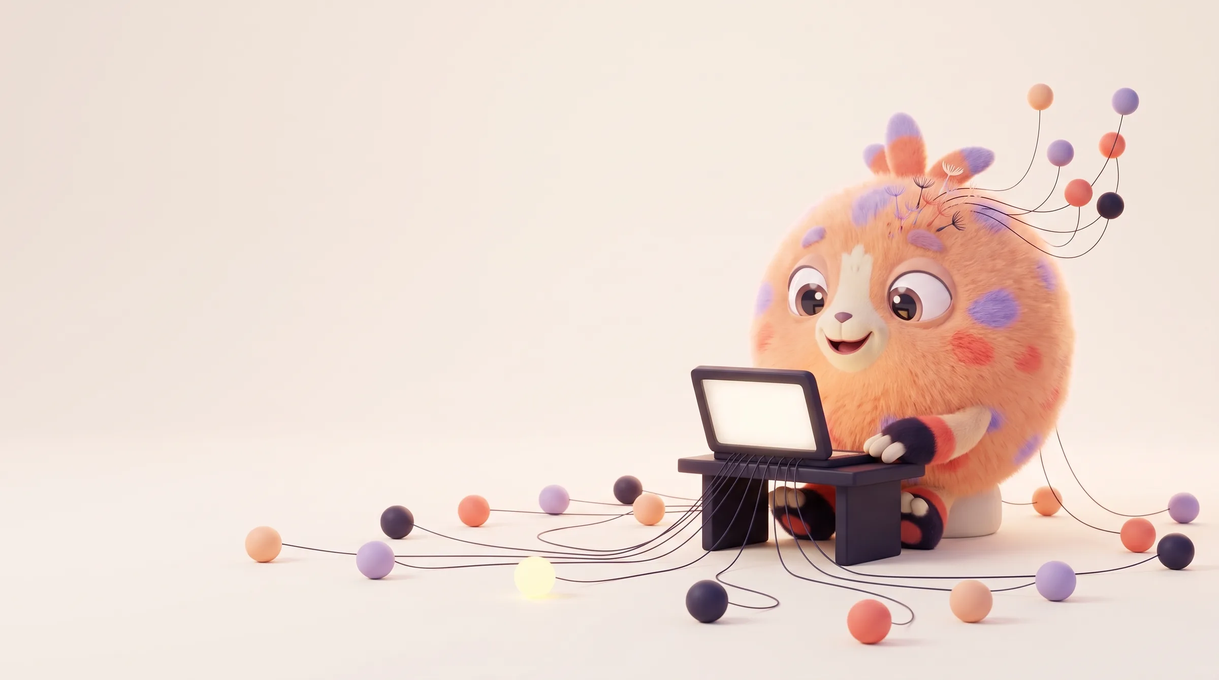 The mascot works at a small console whose threads run out to the network; one node glows yellow, waiting for approval