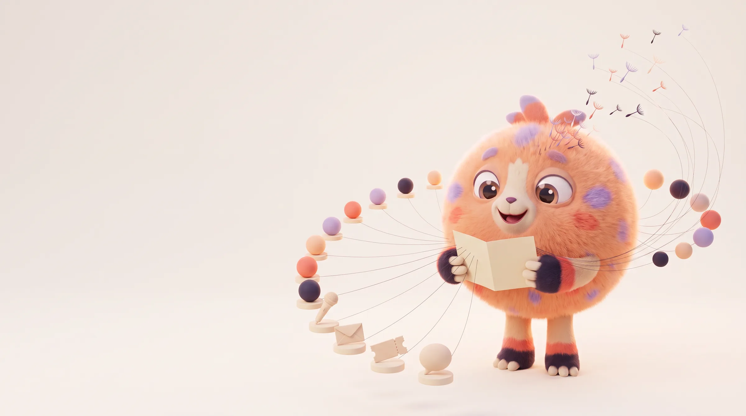 The mascot reads a brief while threads fan out from it to a microphone, an envelope, a ticket and a speech bubble