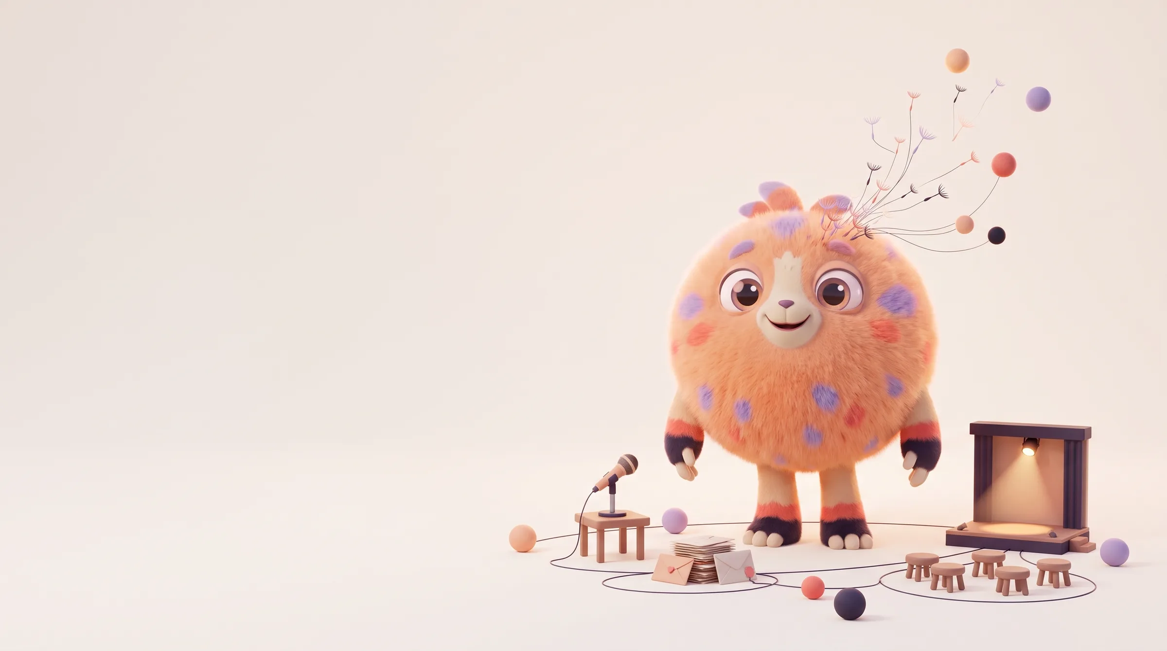 The mascot beside a microphone, a stack of letters, a small stage and a circle of stools, all threaded into the network
